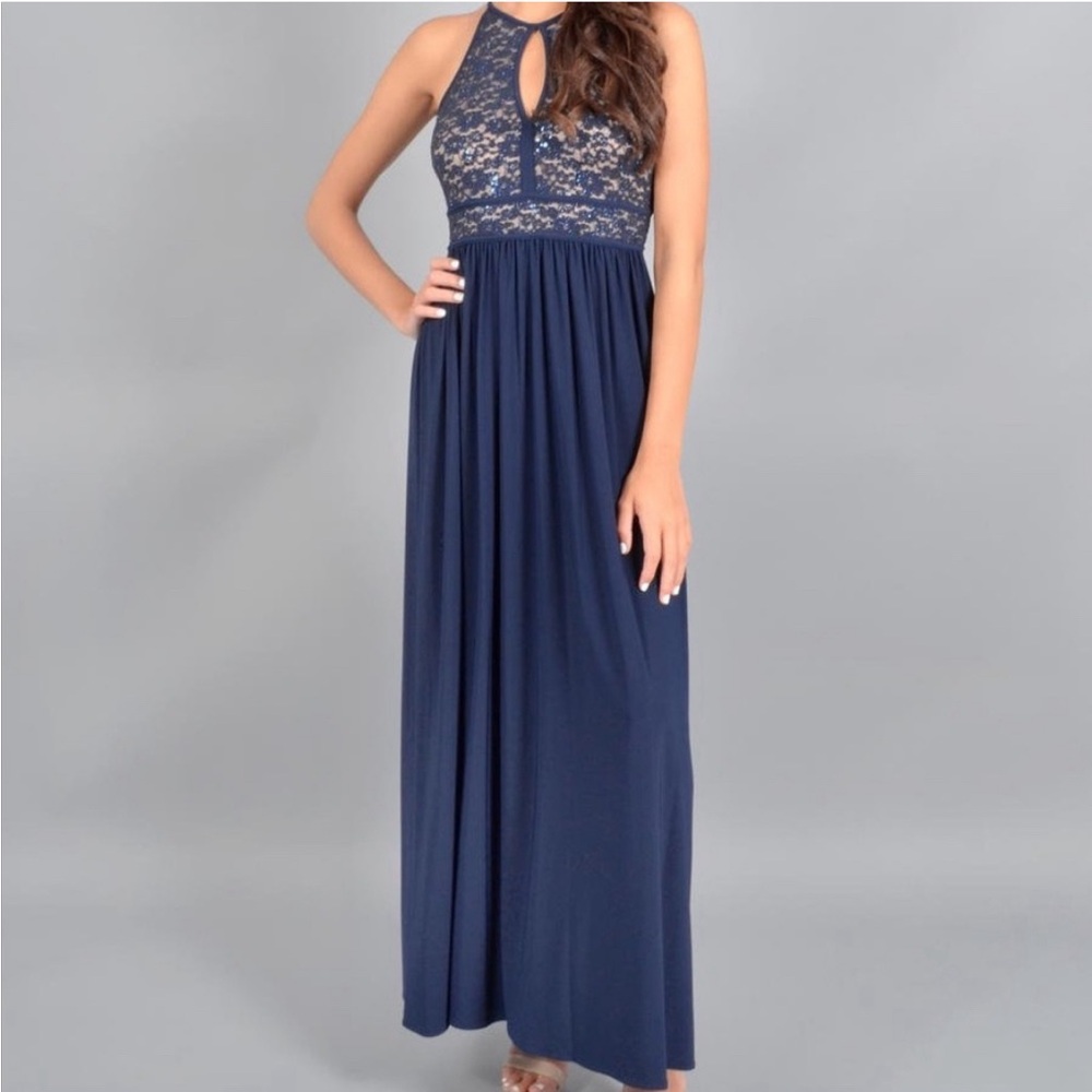 Night way collections long blue sequined gown